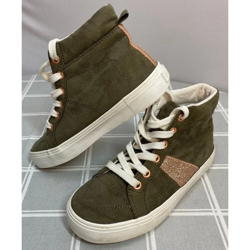Girls Sz 12 Old Navy Olive & Rose Gold Sparkle & Eyelets Lace up Sneakers Shoes